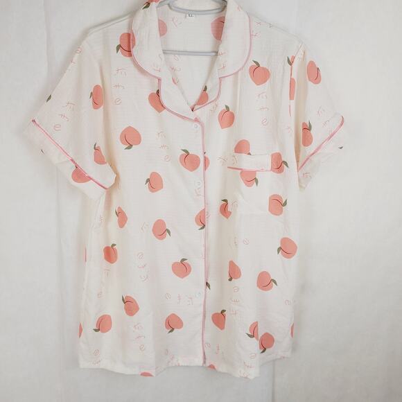 Peaches & Cream Pink Cream Pajama Set Size XL Retro Loungewear Satin Trim - Picture 2 of 13
